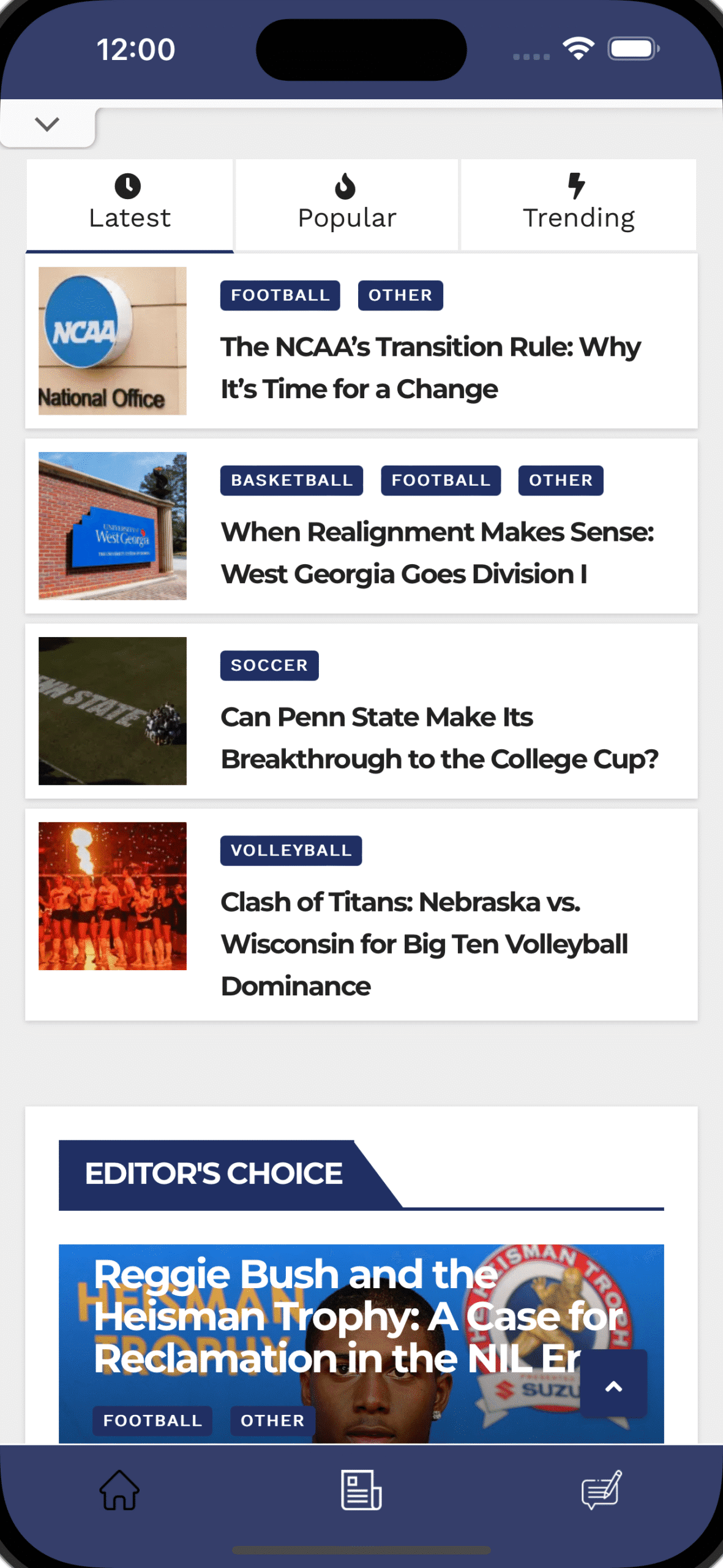 American Collegiate Sports News mobile view