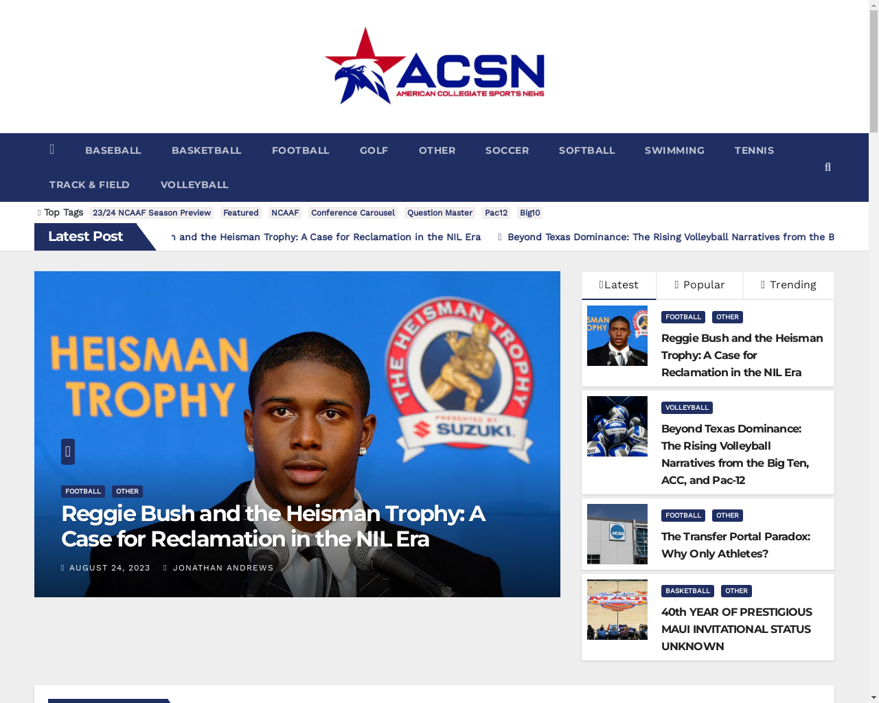 American Collegiate Sports News desktop view
